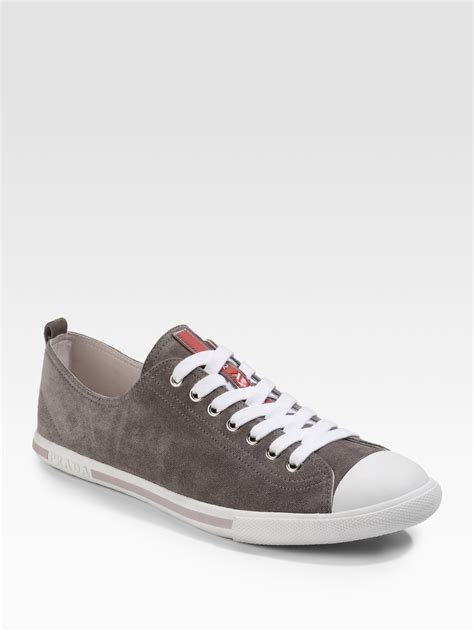 grey and white prada sneakers|Prada suede sneakers men.